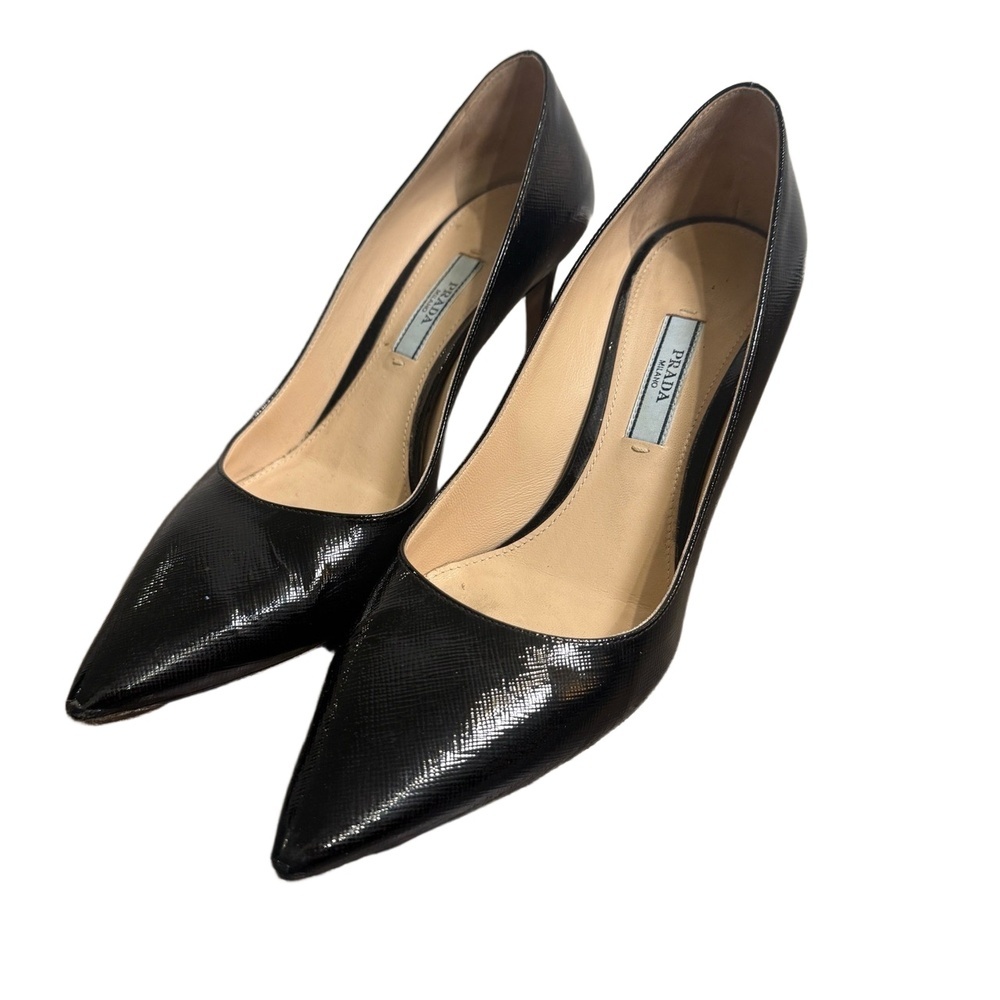 Prada Heels Womens 37 Black Pointed Toe Textured Leather High Heel Business